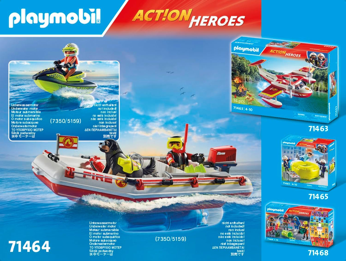 Action Heroes | Fireboat with Water Scooter featuring firefighter, rescue dog, and water scooter on a floating fire rescue boat.