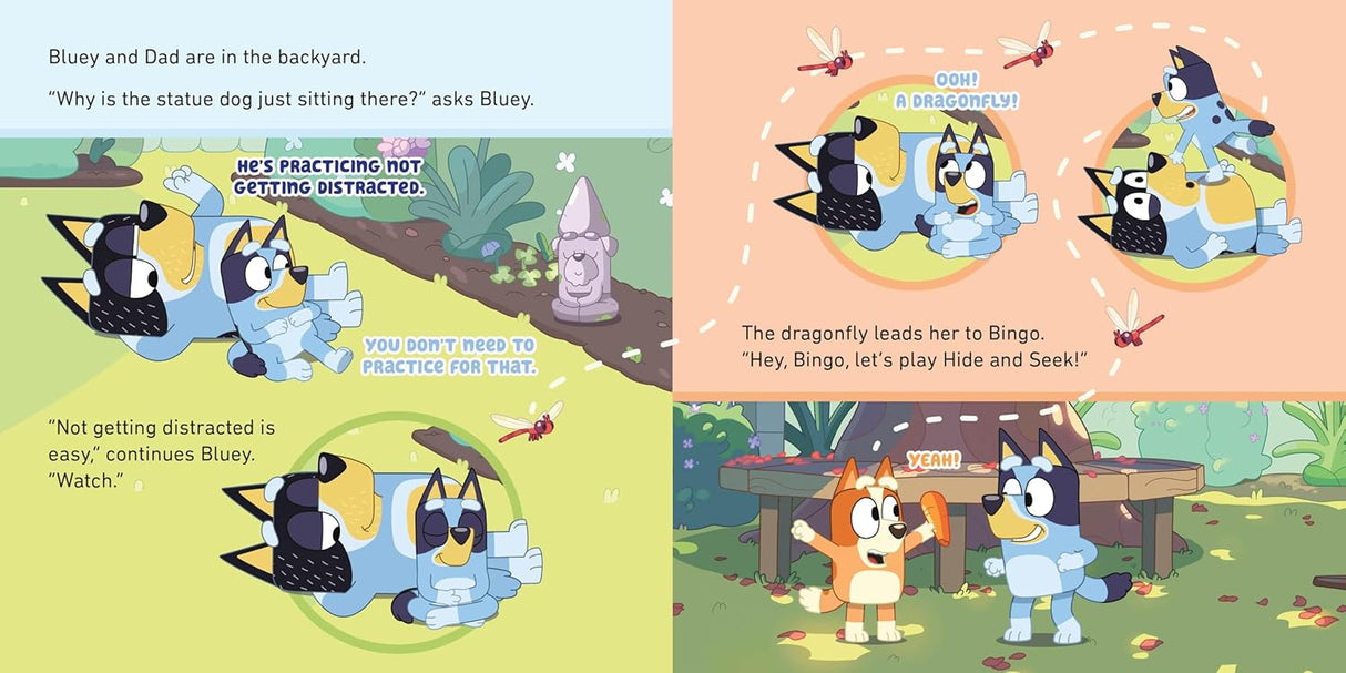 Bluey and Dad talk in the backyard while a dragonfly leads Bluey to Bingo to play Hide and Seek.