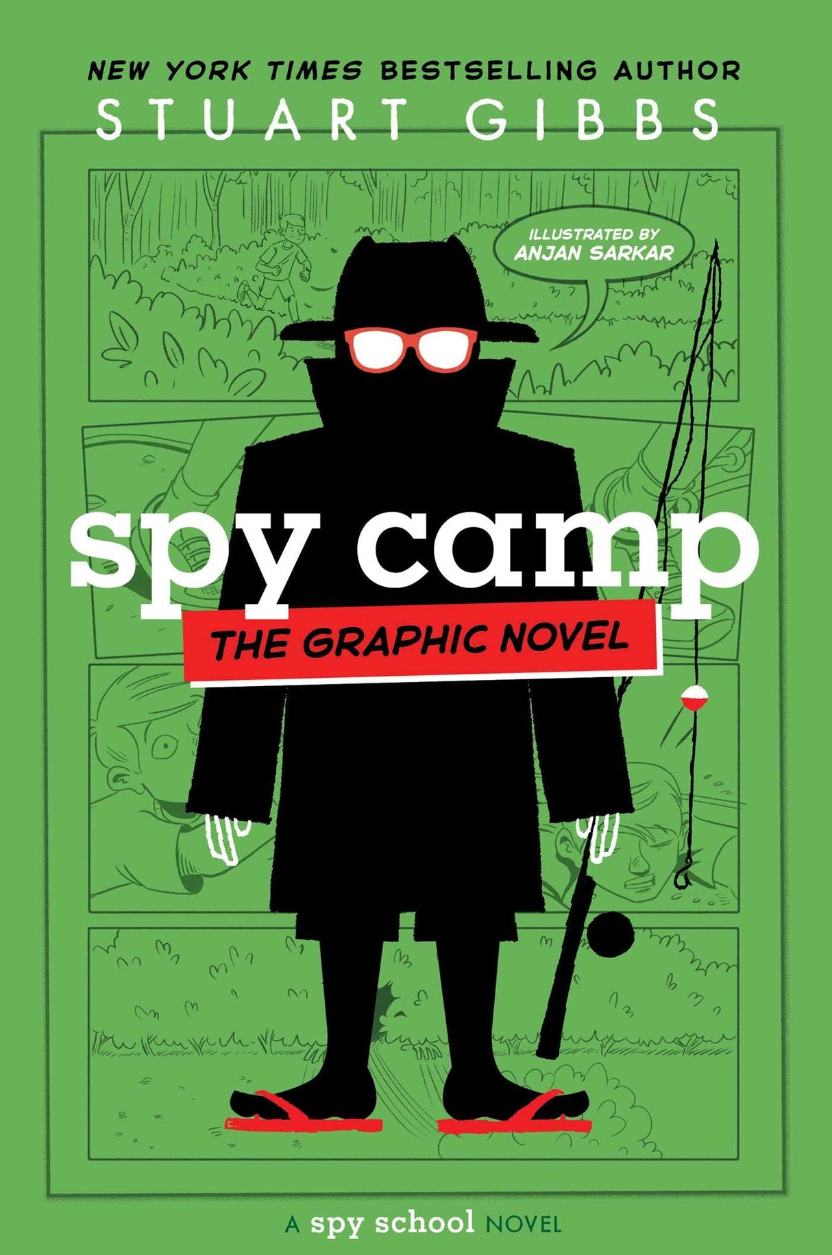 Cover of Spy Camp the Graphic Novel showing a silhouette spy with red glasses and a fishing pole in a comic-style design.
