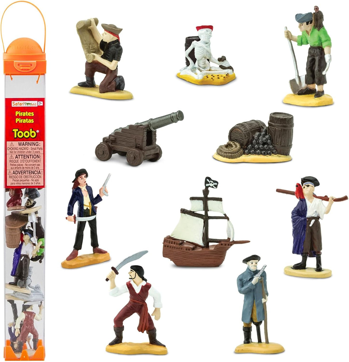 TOOB | Pirates set with ten detailed pirate figurines including a ship, cannon, skeleton, and crew with accessories.