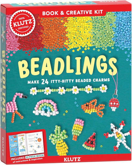 Beadlings Itty Bitty Charms kit with colorful seed beads and tiny beaded charm designs including rainbow and watermelon.