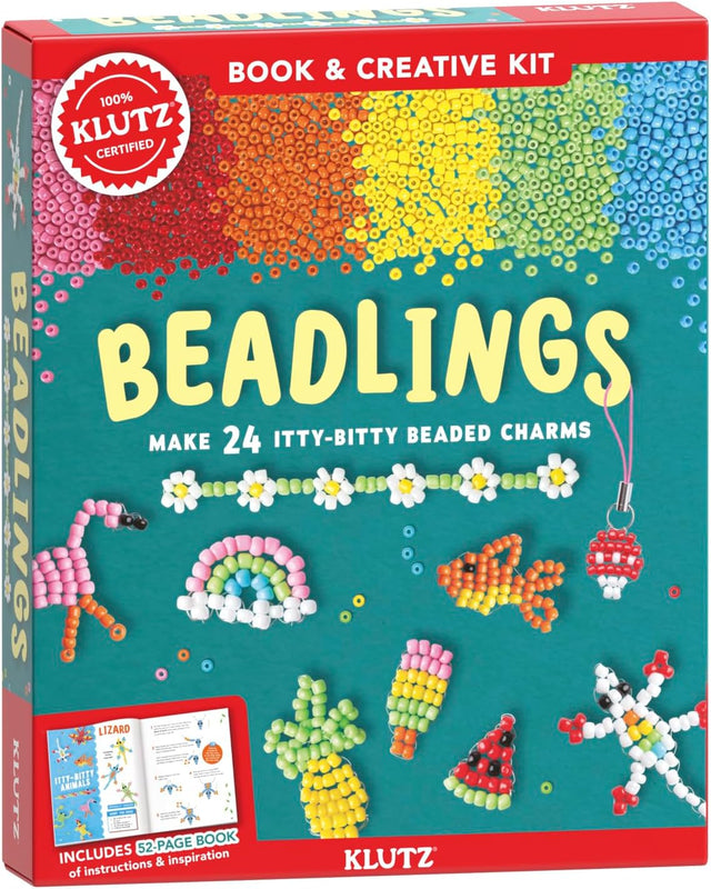 Beadlings Itty Bitty Charms kit with colorful seed beads and tiny beaded charm designs including rainbow and watermelon.