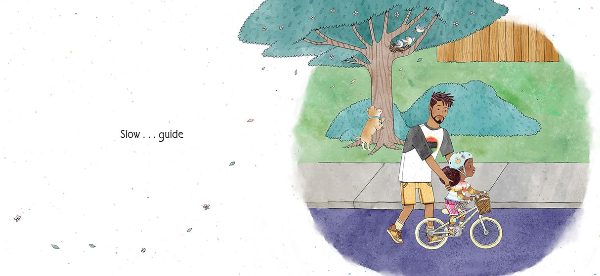 Together We Ride shows a father helping his daughter learn to ride a bike with their dog nearby.