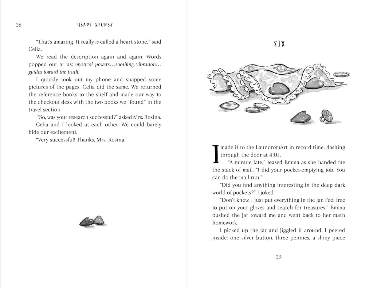 Heart Stones book pages showing a middle grade magical realism mystery with illustrations of heart-shaped stones and coins.