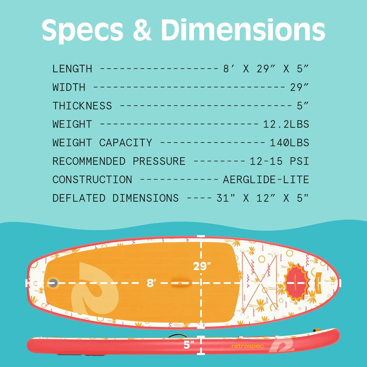 Weekender Nano Kids' Inflatable Paddle Board Summer Punch showing dimensions 8x29x5 inches and specs.