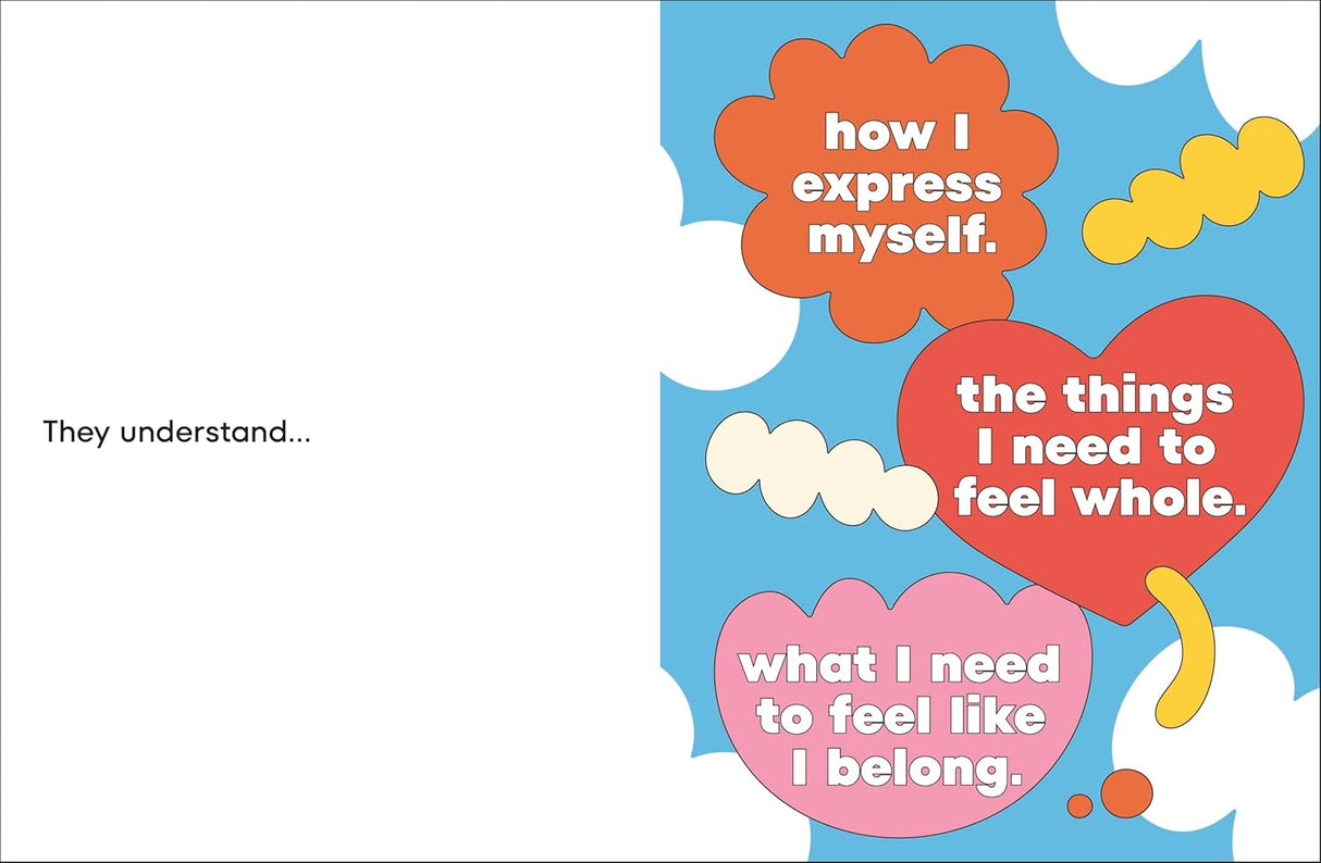 A page from A Kids Book About Chosen Family showing colorful speech bubbles about expressing oneself and belonging.