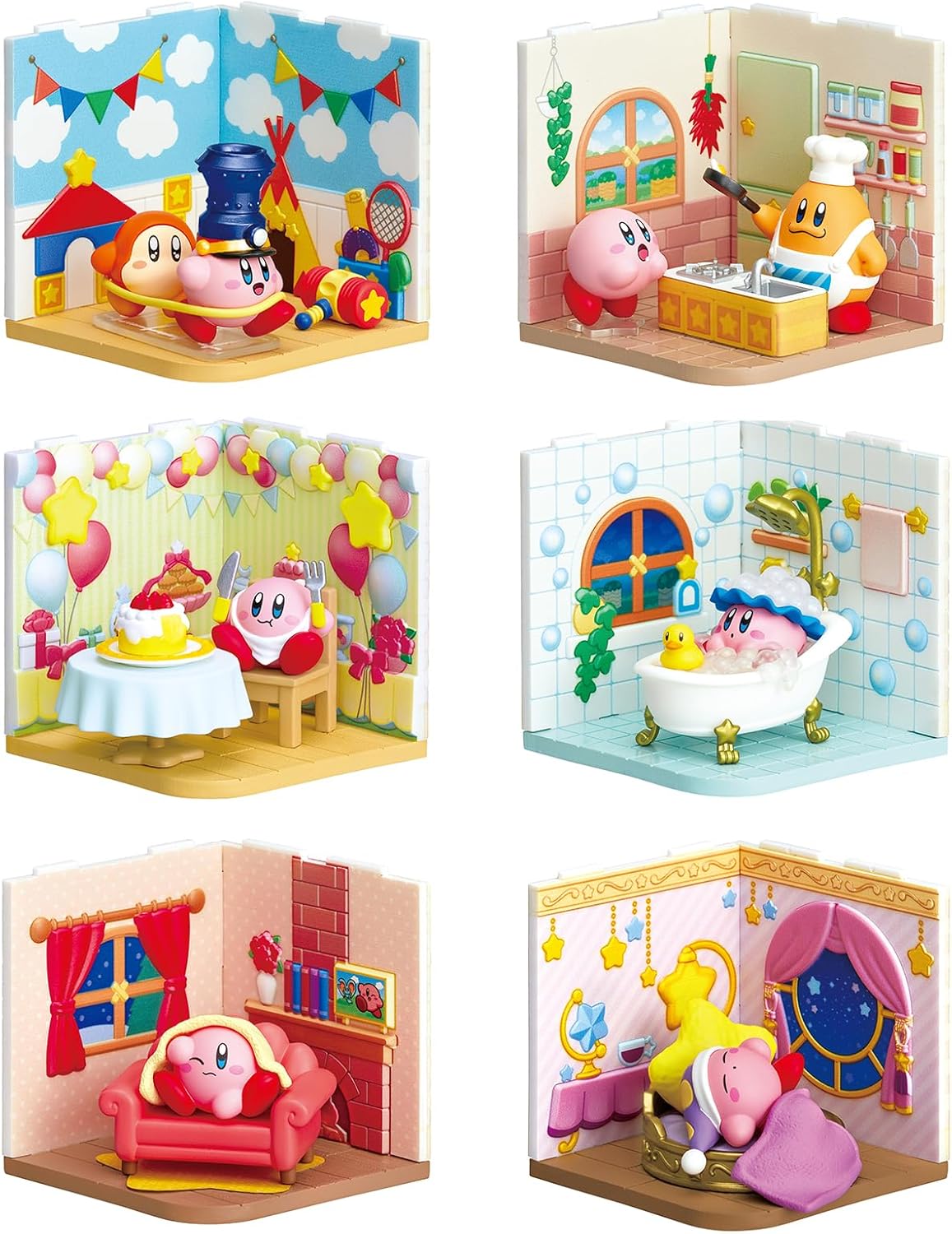Depiction of all the options in a blind box Wonder Room series which contains one of six mystery dioramas featuring Kirby and friends in a 3D room.