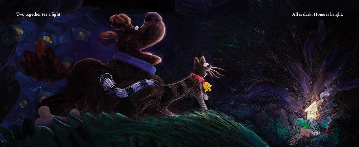 Two Together shows a cat and dog on a dark, adventurous journey home guided by a glowing light.