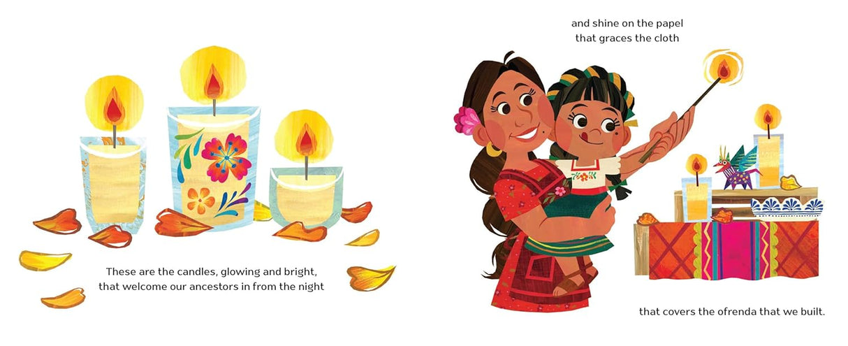 The Ofrenda That We Built shows warm candles and a mother and child building a colorful Day of the Dead altar.