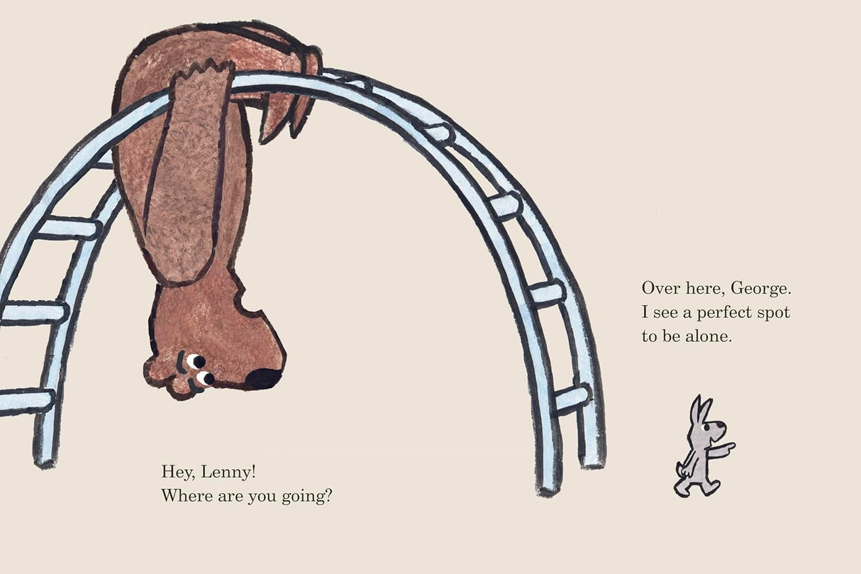Illustration from George and Lenny Are Always Together showing a bear hanging upside down and a rabbit nearby exploring alone.
