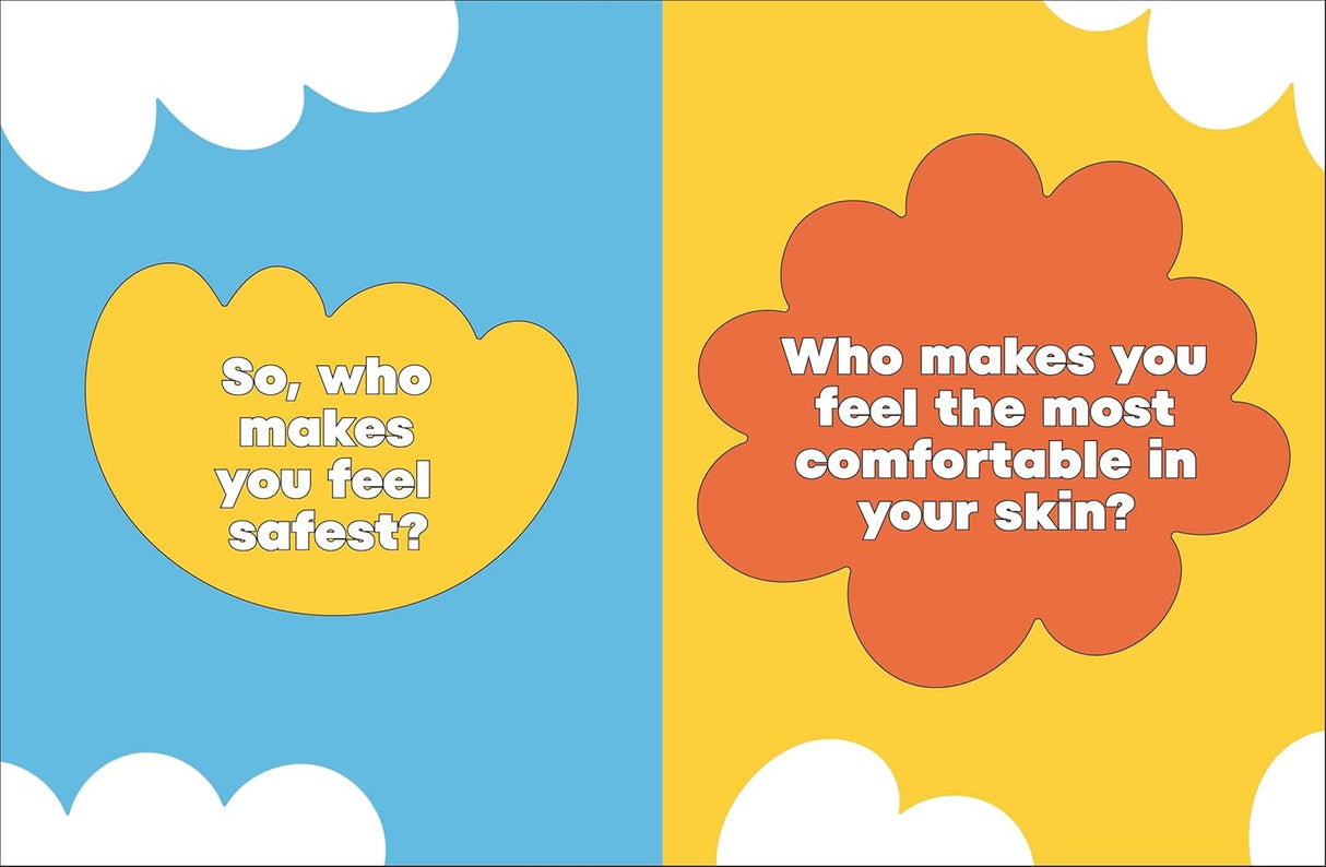 A Kids Book About Chosen Family page with clouds asking who makes you feel safest and most comfortable in your skin.
