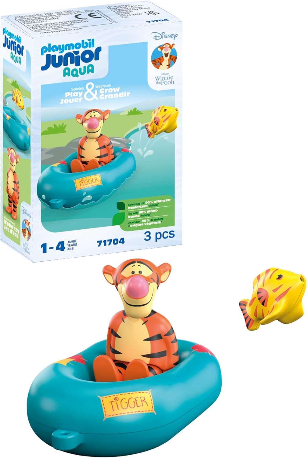 Junior Tigger's Boat Ride bath set with inflatable boat and tiger fish toy for water play and motor skills development.