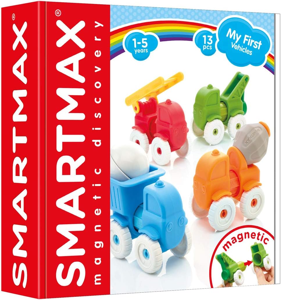 Colorful plastic toy vehicles in red, green, blue, and orange designed for toddlers aged 1 to 5 years