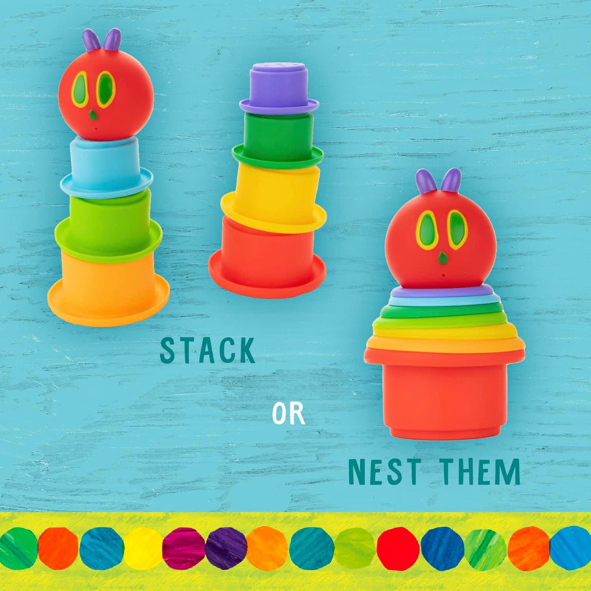 The Very Hungry Caterpillar Bath Stacking Cups colorful bath toy set with stacking and nesting silicone cups.