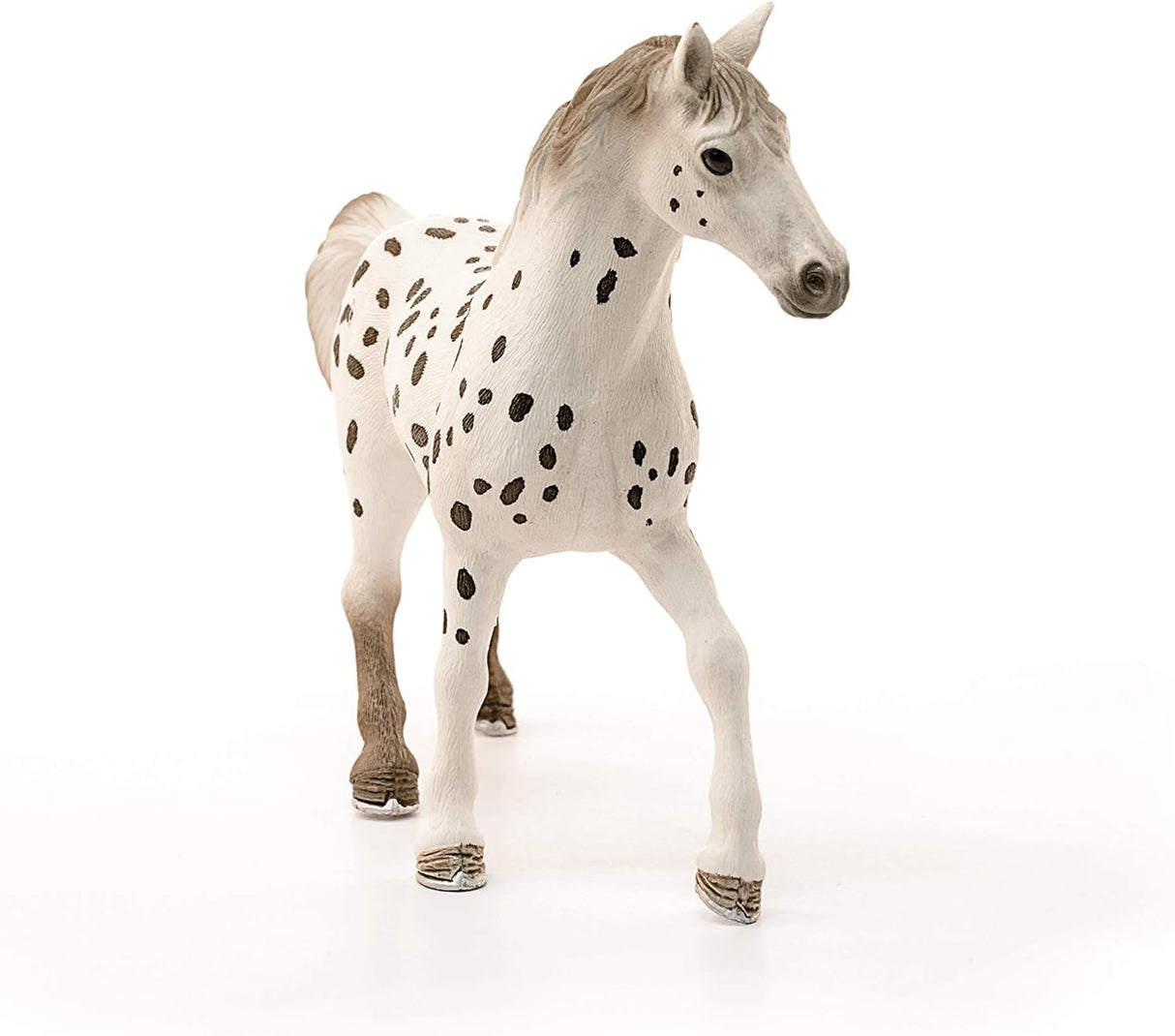 Knapstrupper Stallion Horse lifelike toy with white coat and black spots, perfect for teaching kids about animals.