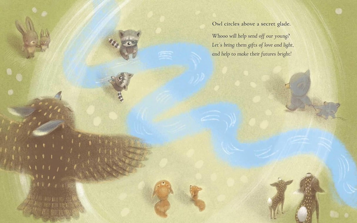 Illustration from Summer a Solstice Story showing forest animals gathering by a glowing blue stream on a soft summer morning.