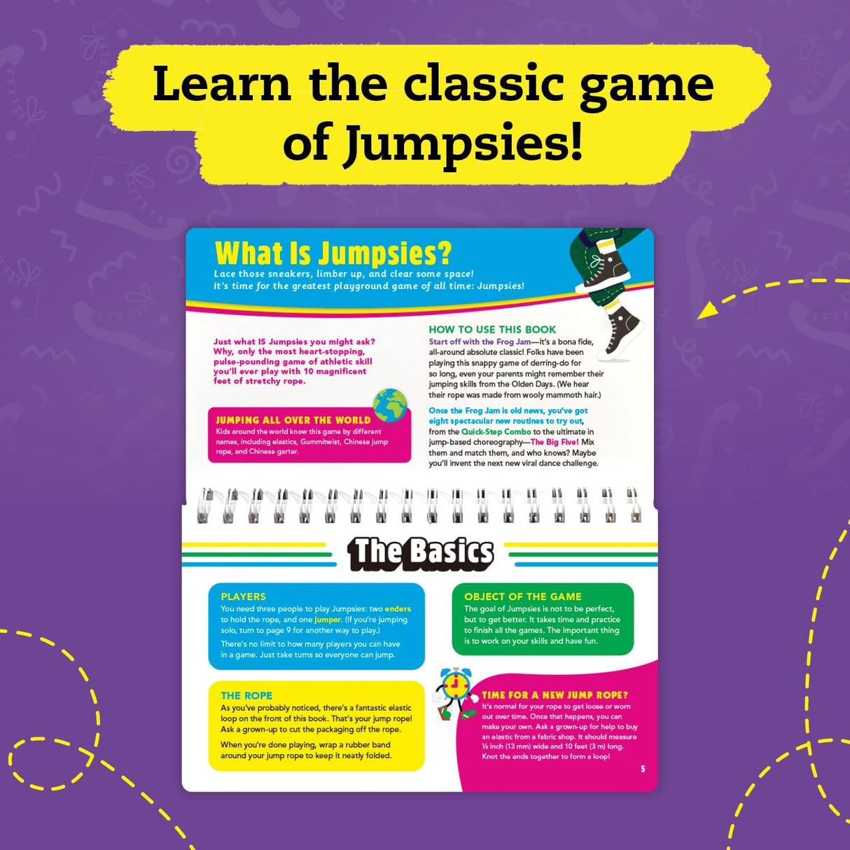 Open instructional book for Jumpsies showing game basics and playing tips in colorful layout.