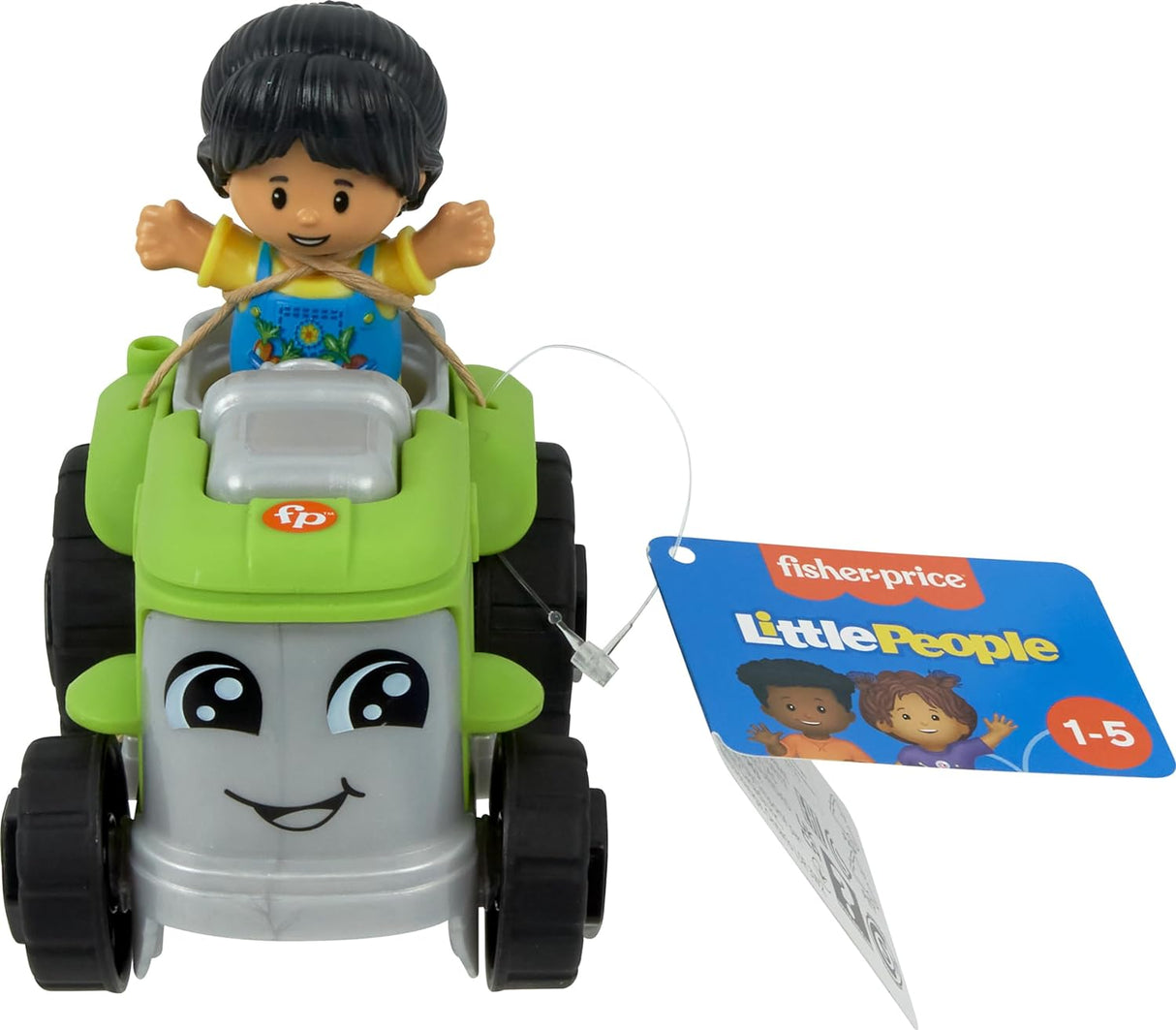 Little People Tractor with smiling toy figure in blue overalls and green tractor for toddlers ages 1 to 5.
