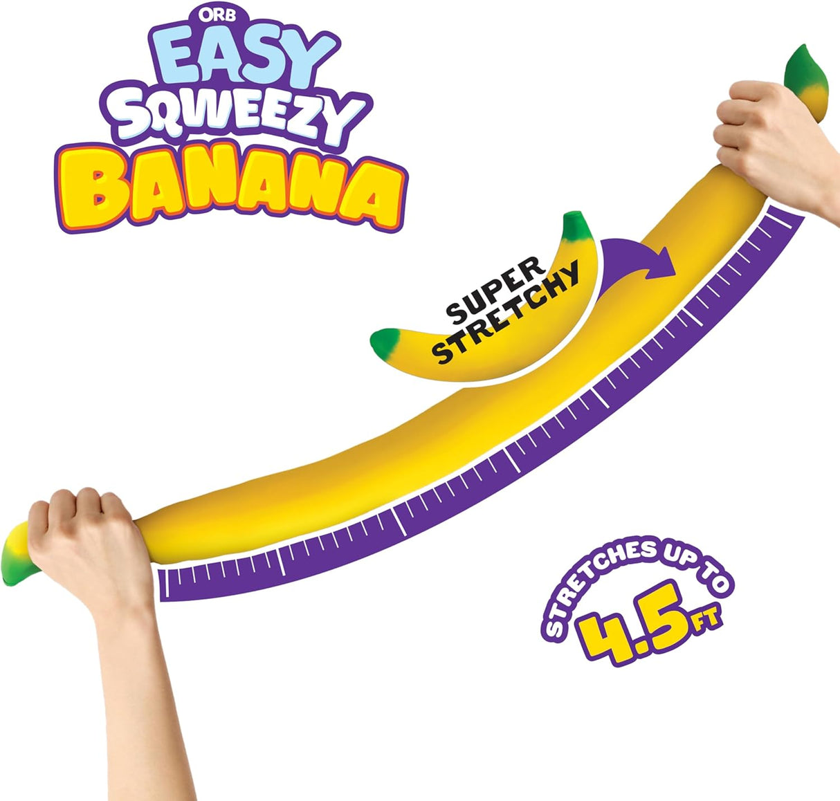 Hands stretching a soft, jumbo yellow banana toy labeled Easy Sqweezy with a ruler showing length up to 4.5 feet