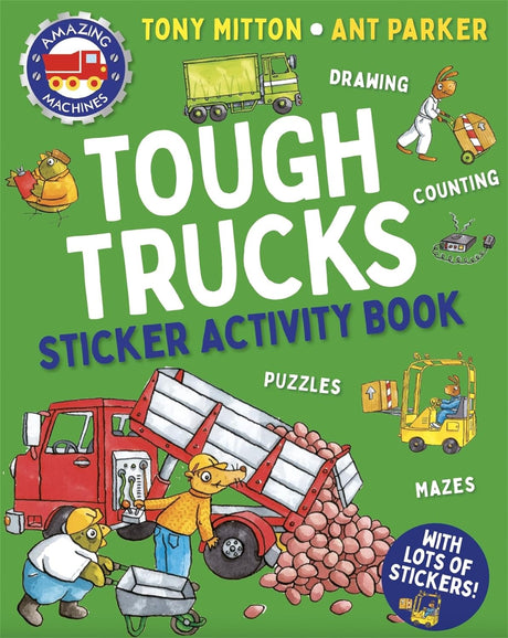Tough Trucks Sticker Activity Book cover with colorful trucks, animals, and text highlighting puzzles, drawing, and counting activities.