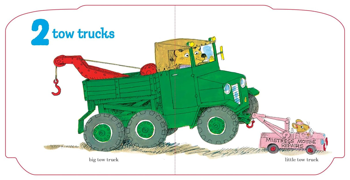 Richard Scarry's Cars and Trucks 1-10 with colorful illustration of a big green tow truck and a small pink tow truck.
