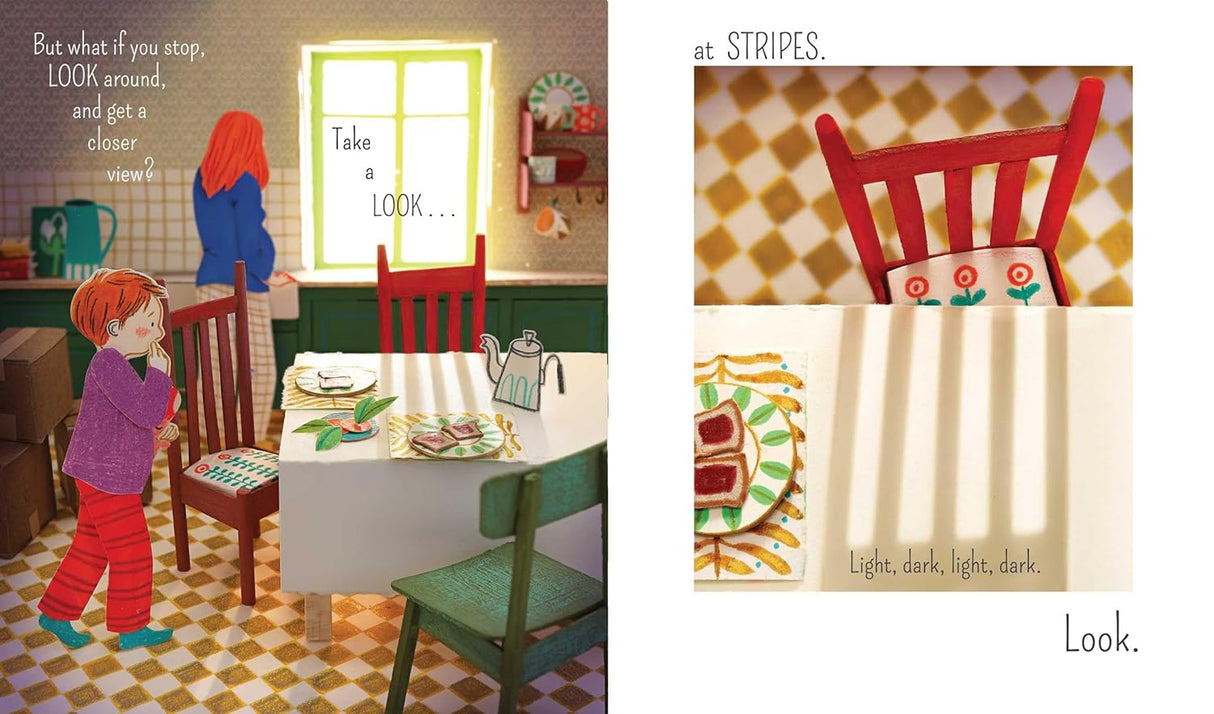 Look book illustration of children exploring patterns and colors in a cozy kitchen with diorama-style art.