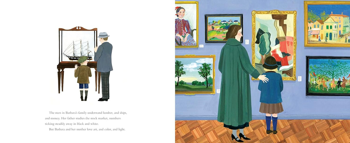 World More Beautiful: The Life and Art of Barbara Cooney shows a child and adult exploring art in a gallery with vibrant paintings.