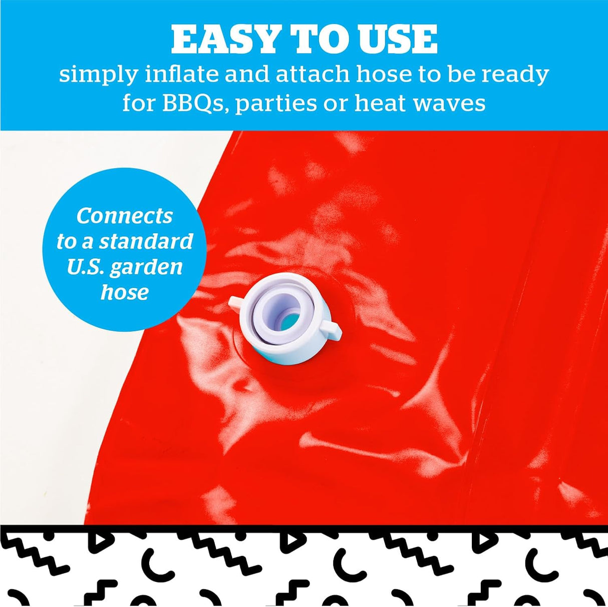 Close-up of white hose connector attached to red inflatable surface with easy-to-use garden hose connection text above