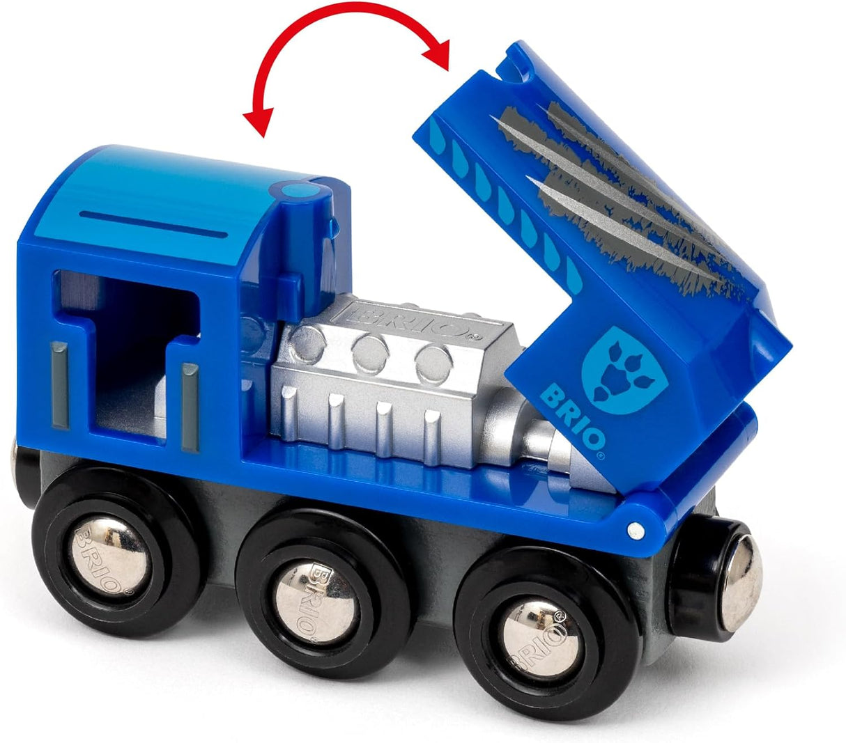 Special Edition Train 2025 blue toy train with open hood showing motor for BRIO World play sets.