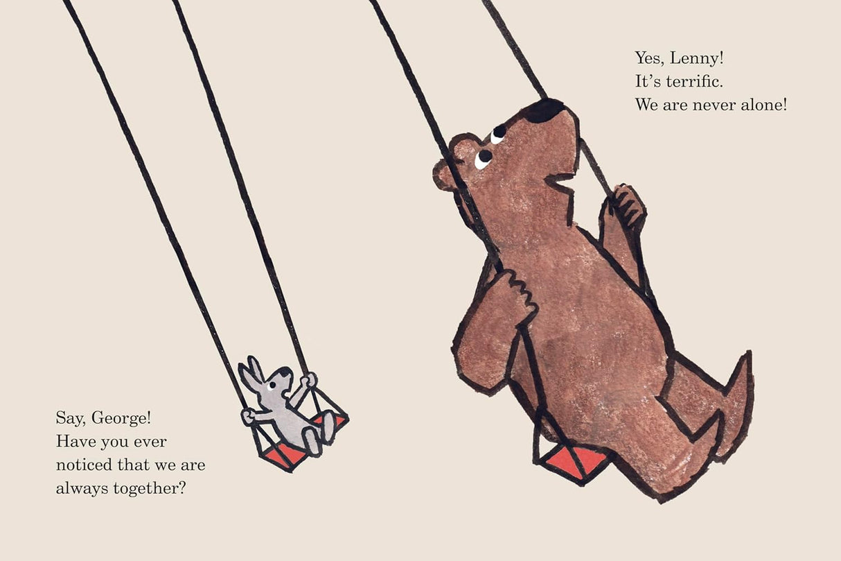 Illustration from George and Lenny Are Always Together showing a bear and rabbit on swings talking about never being alone.