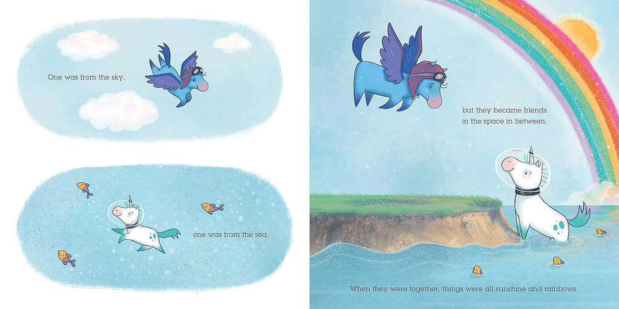 Weather Together book illustration showing a flying blue bird and a white unicorn under a rainbow.