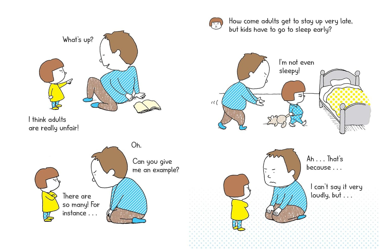 Illustration from That's Not Fair showing a child questioning an adult about bedtime rules in a humorous scene.