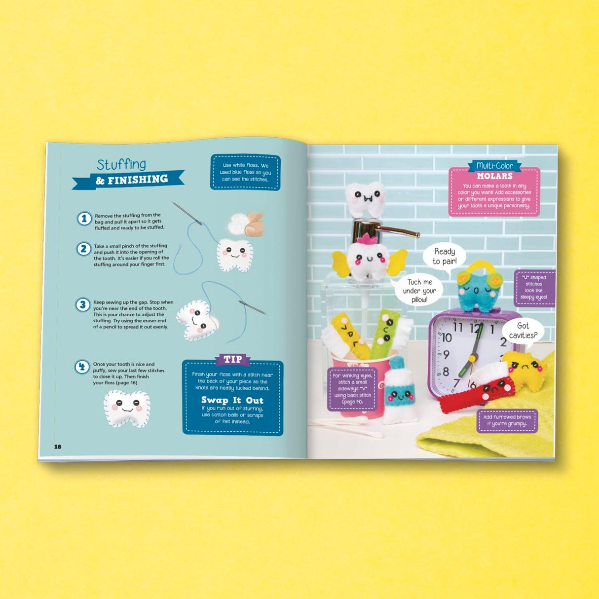 Open book with step-by-step sewing instructions and colorful plushies for Sew Mini Cute Things kit displayed on a shelf nearby.