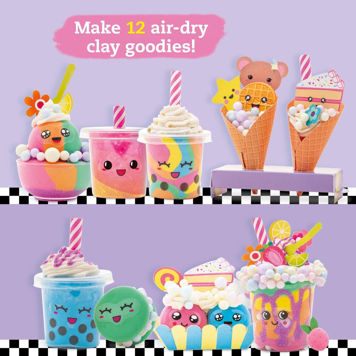 Mini Shake Shop with colorful air-dry clay milkshakes, boba, cupcakes, and cute food faces craft kit.