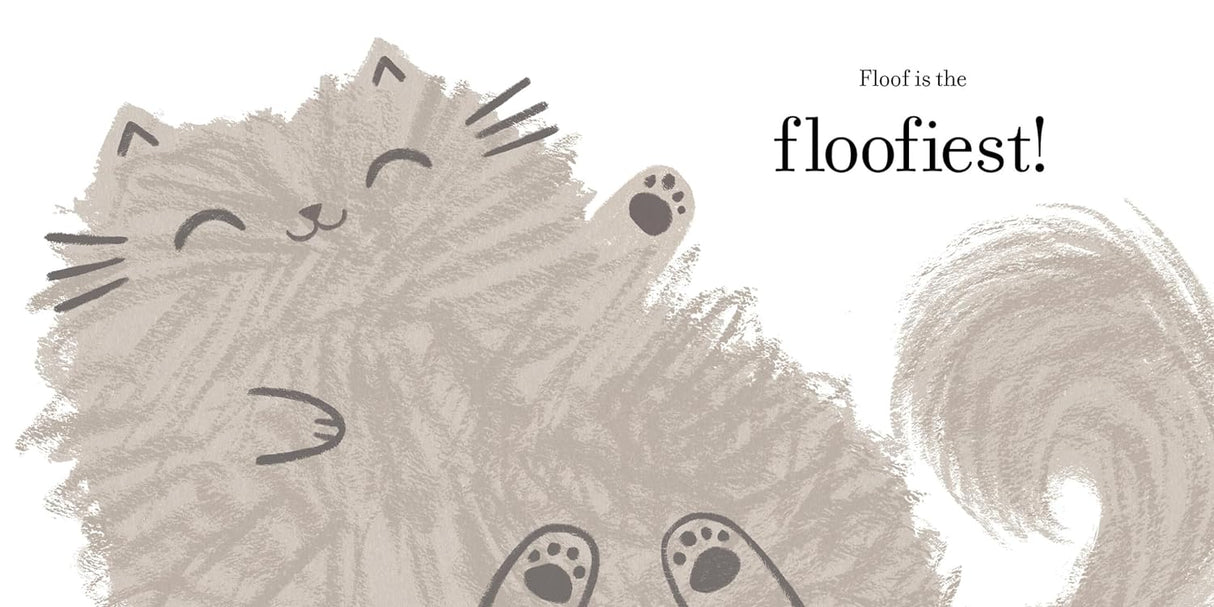 Illustration of a happy, fluffy cat with text "Floof is the floofiest!" from the Floof picture book for kids.