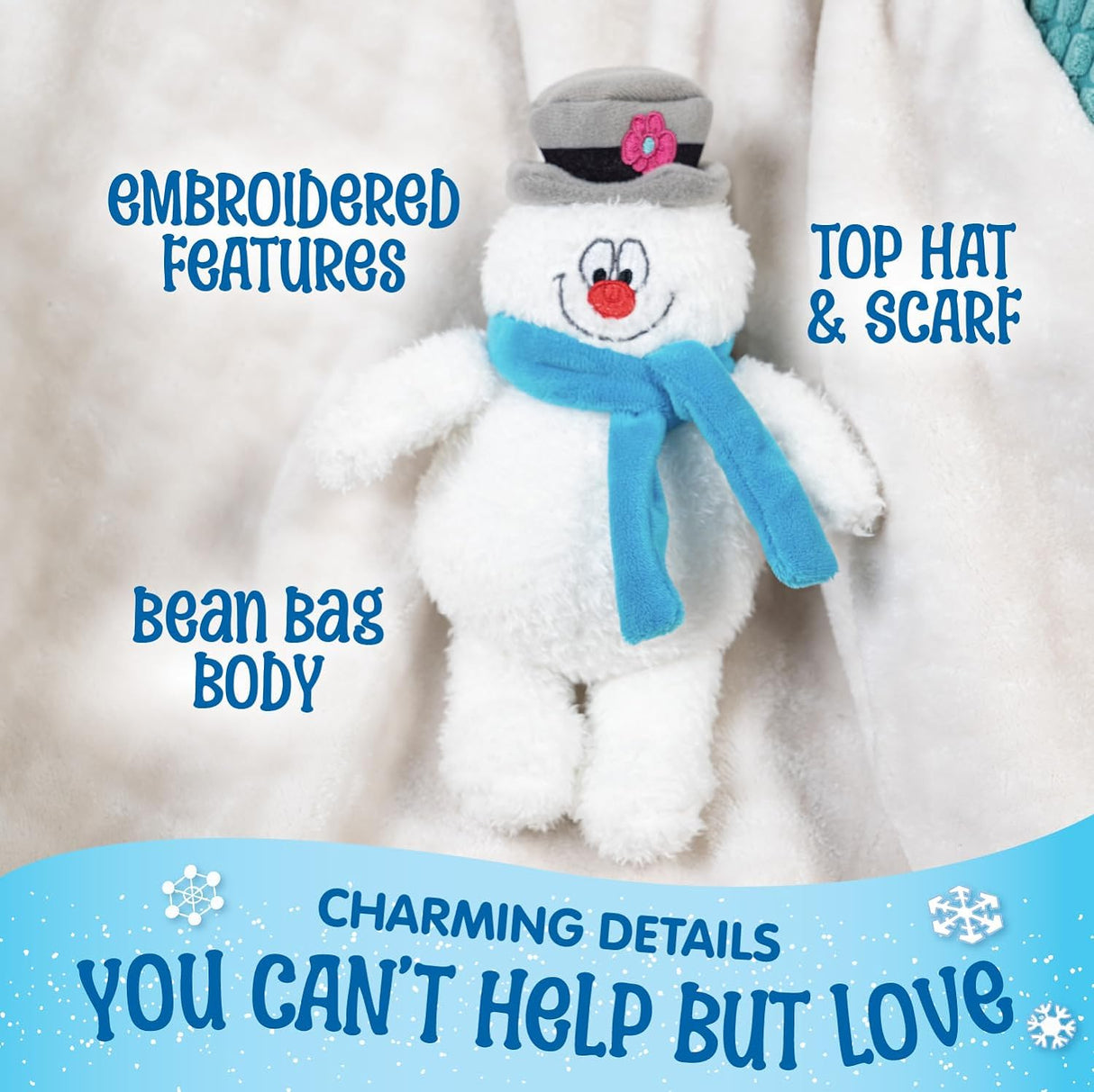 Frosty the Snowman plush with embroidered features, blue scarf, top hat, and bean bag body, 8.5 inches tall.