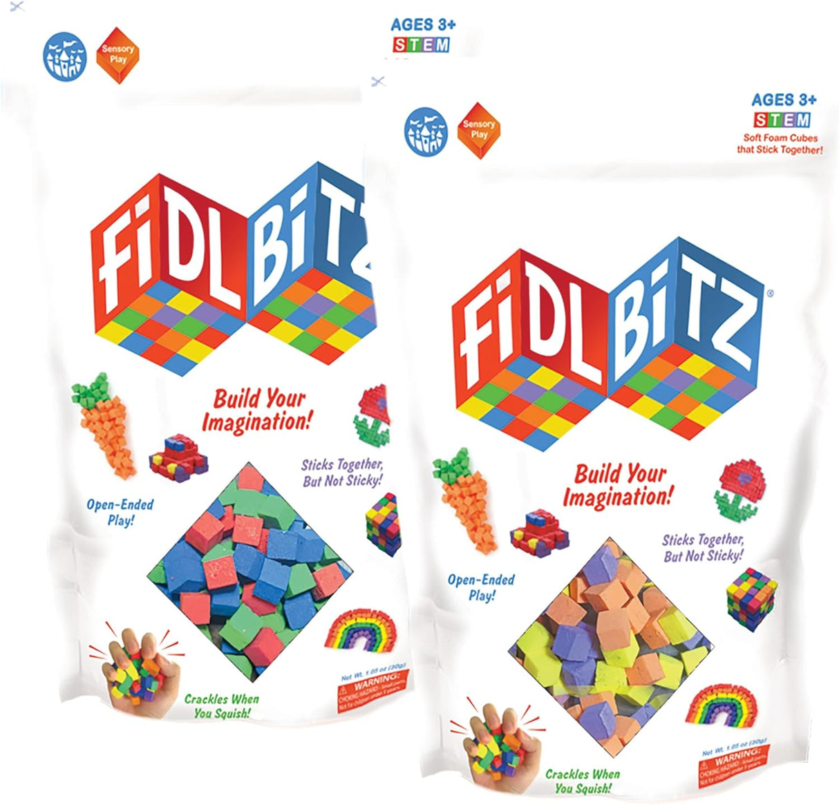 Two resealable bags of FidlBitz Bag of Bitz with assorted colorful cubes for creative, open-ended STEM play ages 3+
