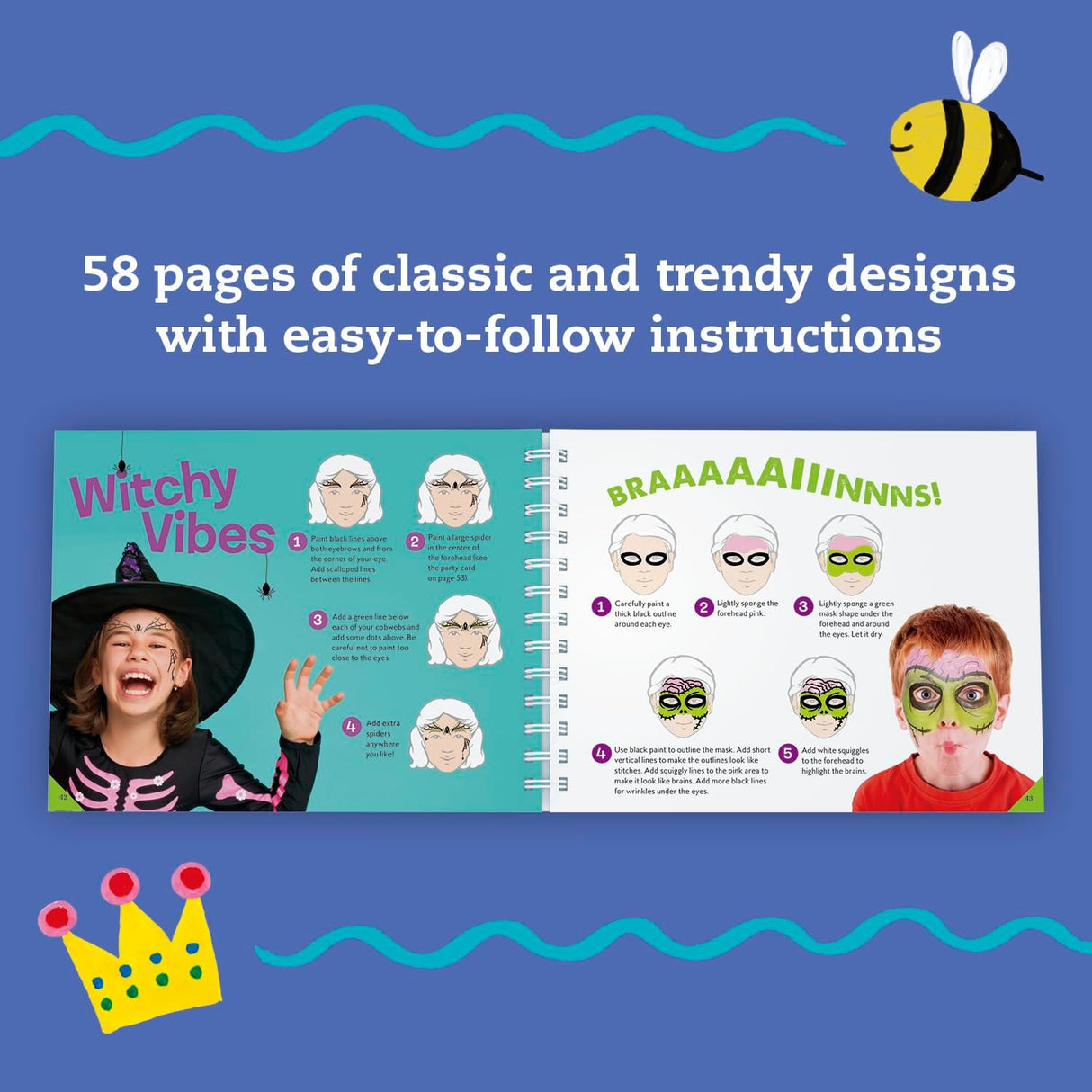 Face Painting product showing colorful instructions for fun witch and zombie face designs for kids.