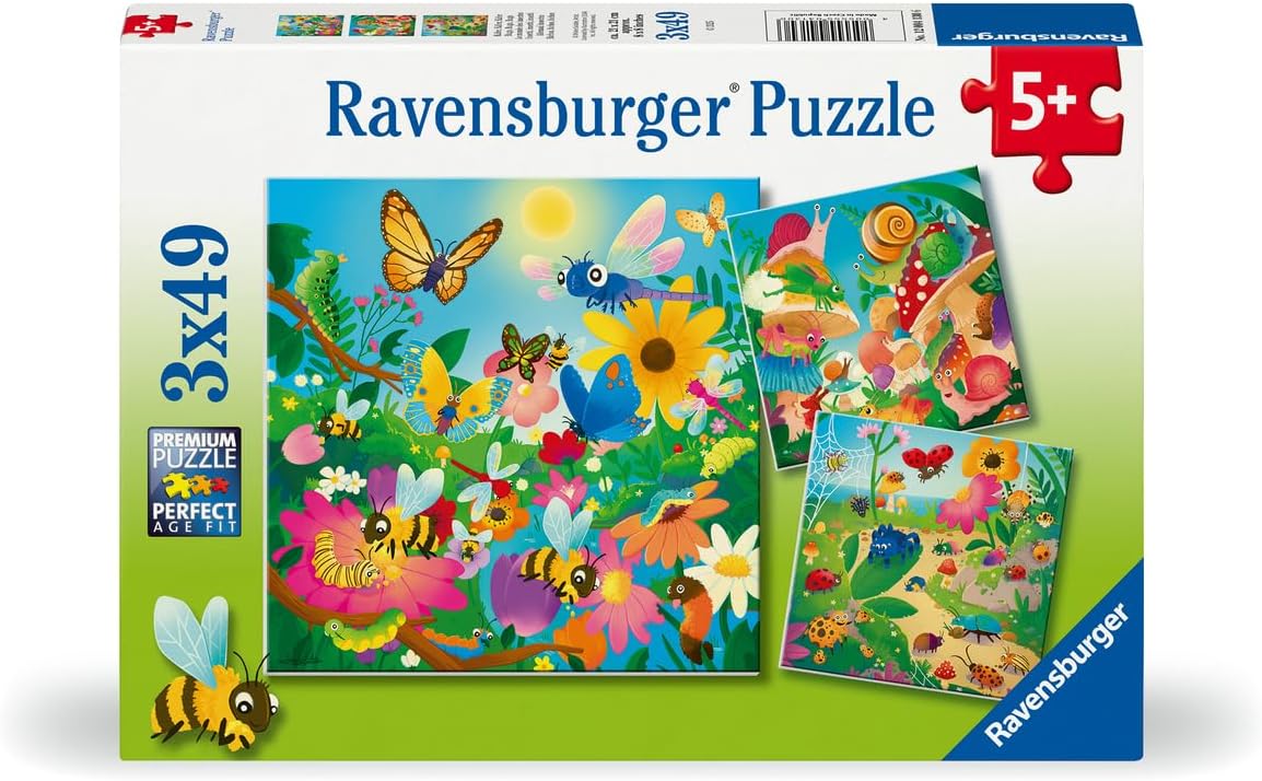 49pc Bugs, Bugs, Bugs Puzzles featuring colorful outdoor bugs, butterflies, bees, and insects for children ages 5 and up.