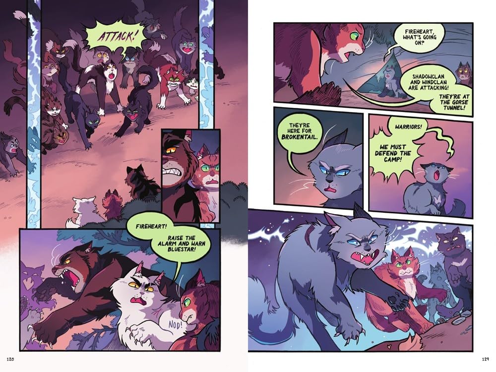 Warriors #2: The Prophecies Begin graphic novel with warrior cats in a tense battle scene in the forest.