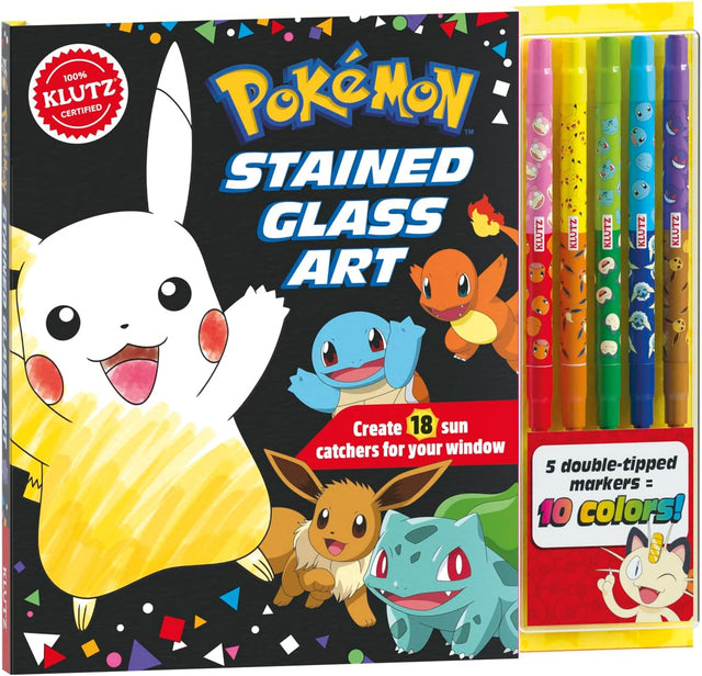Pokemon Stained Glass Art with 18 sun catcher designs and 10 color double-tipped markers for window display.