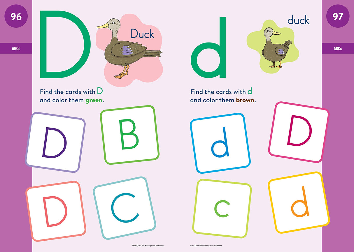 Brain Quest Workbook Pre-K page teaching uppercase and lowercase letter D with colorful duck illustrations and letter games.