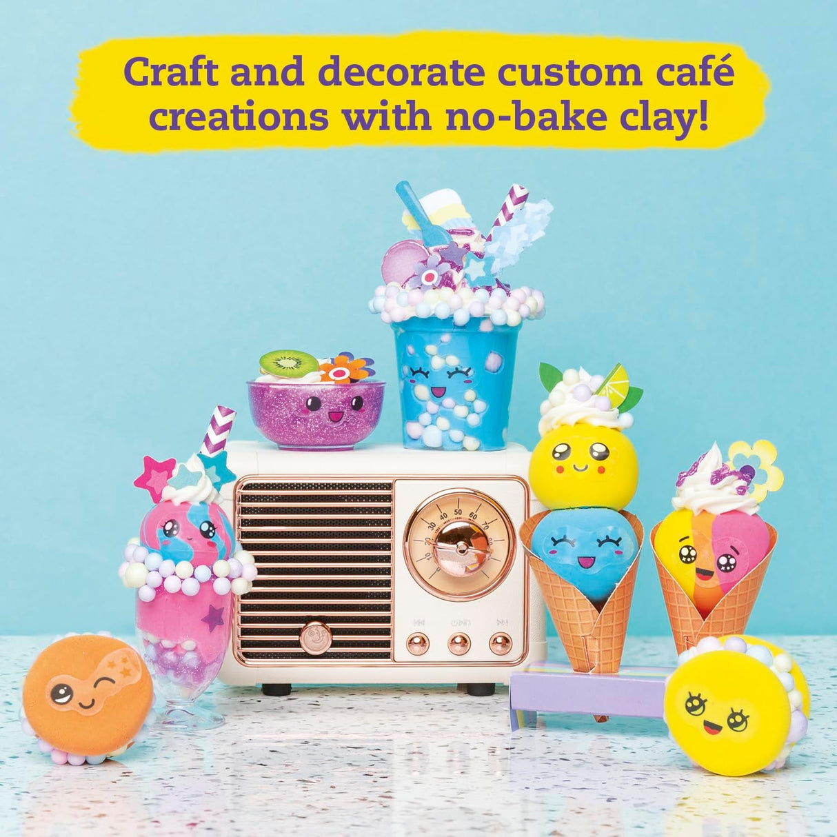 Mini Shake Shop with colorful clay desserts and drinks featuring cute faces on a vintage radio background.