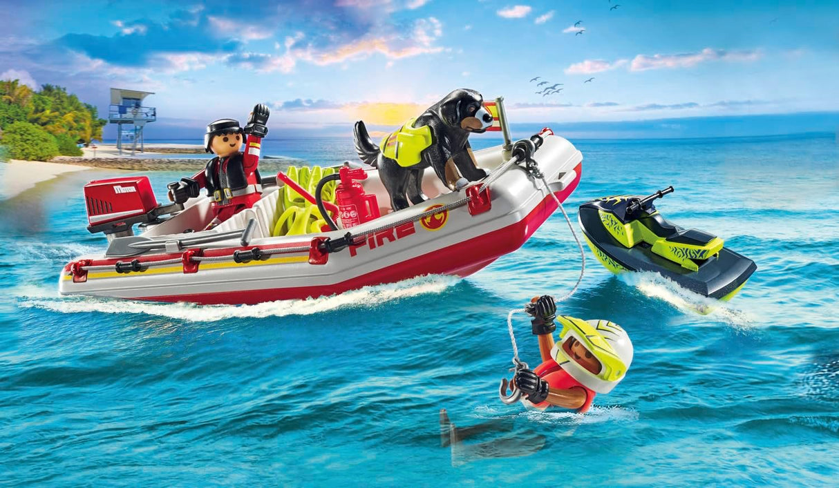 Action Heroes | Fireboat with Water Scooter rescue scene with firefighter, water rescue dog, and aqua scooter on ocean water.