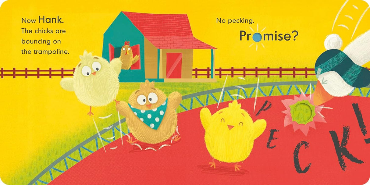 Illustration from Hank Goes Peck showing chicks bouncing on a trampoline while Hank the goose watches, promising no pecking.