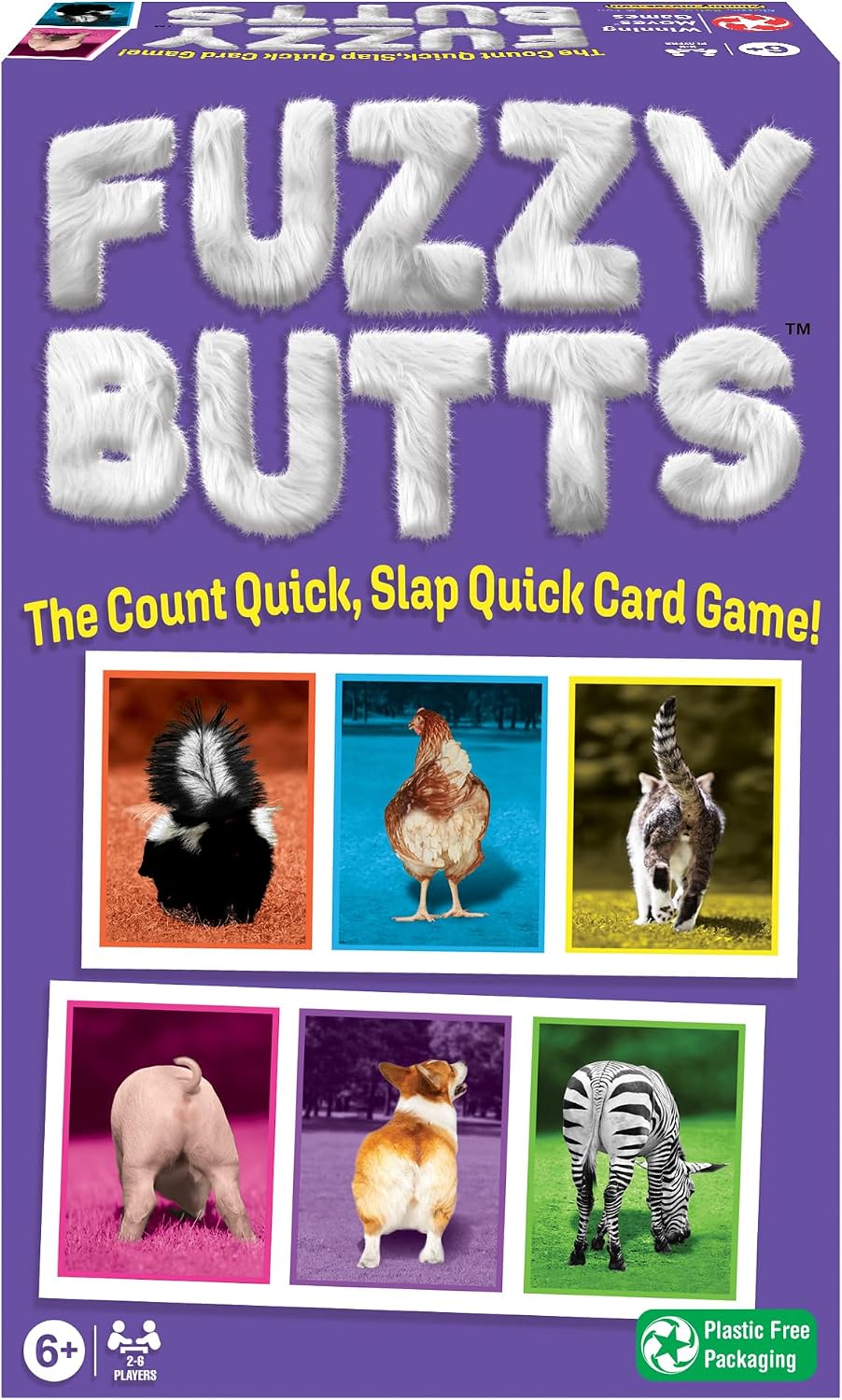Fuzzy Butts animal themed slap quick card game box with colorful animal cards for ages 6 and up