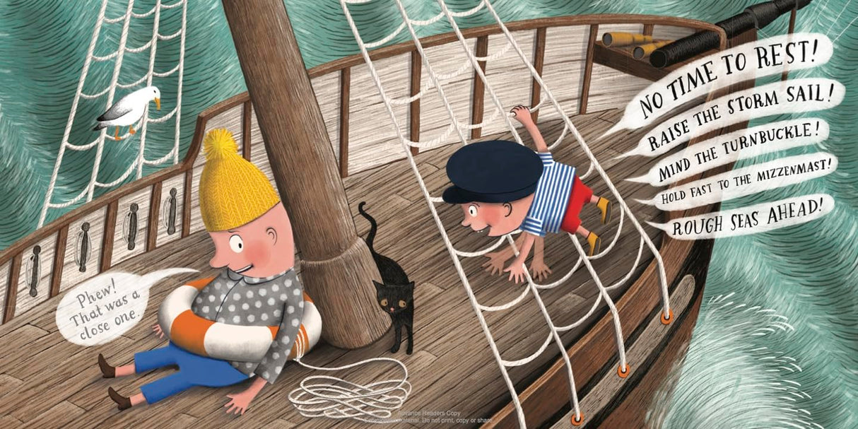 Illustration from Ahoy! shows a child captain and parent first mate playing on a ship's deck amid a storm at sea.