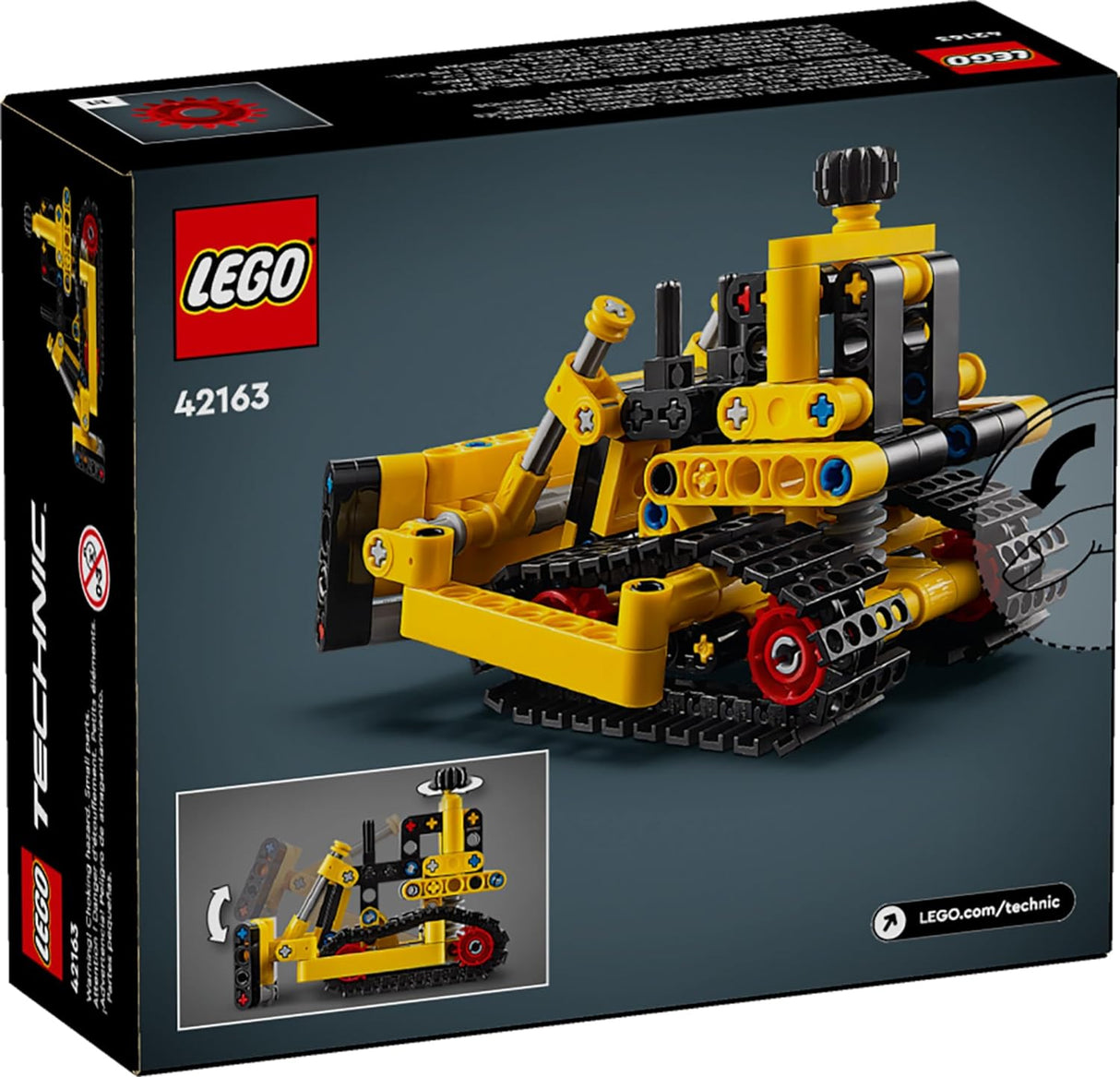 LEGO Technic Heavy-Duty Bulldozer building set with yellow and black details for kids ages 7 and up.