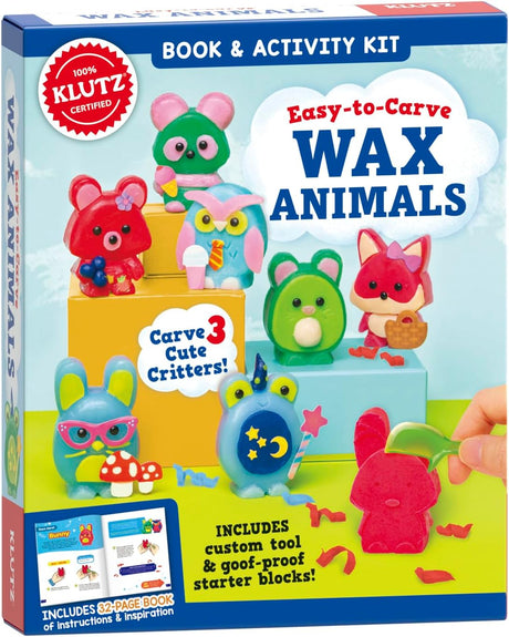 Easy to Carve Wax Animals kit with colorful animal figurines, custom tool, and instructions for beginners.