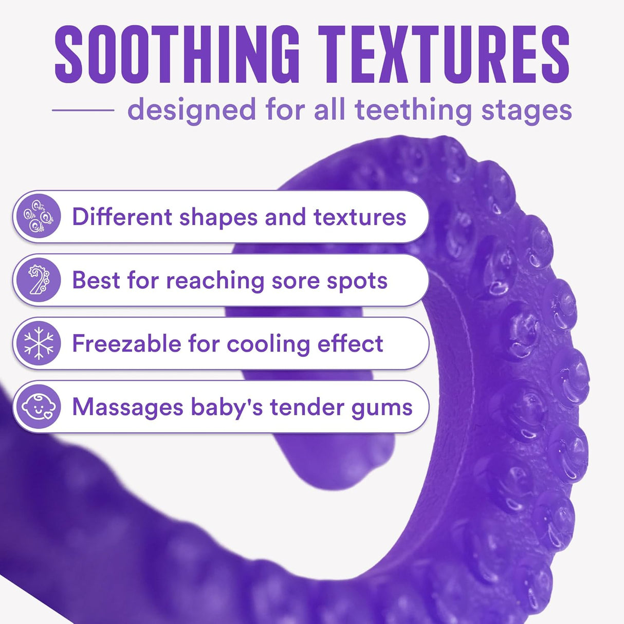 Tentacle Teether showing soothing textures with different shapes for teething stages and sore gum relief.